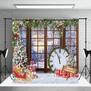 Aperturee Merry Christmas Window Snowy Clock Xmas Backdrop - Aperturee