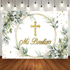 Aperturee Mi Bautizo Greeny Gold Cross Baptism Backdrop - Aperturee