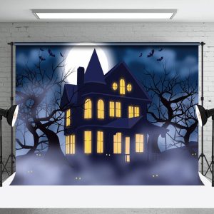 Aperturee Mist Trees Dark Night Moon House Halloween Backdrop - Aperturee