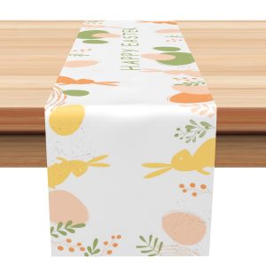 Aperturee Modern White Green Yellow Bunny Easter Table Runner | Patterned Table Runner | Table Banner Printing | Seasonal Printed Table Runner