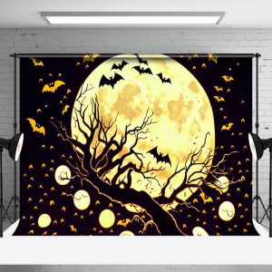 Aperturee Moon Night Black Trunk Bats Happy Halloween Backdrop - Aperturee