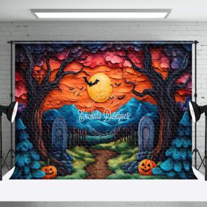 Aperturee Moon Night Cemetery Brown Trunk Halloween Backdrop - Aperturee
