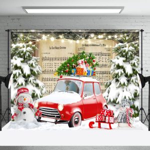 Aperturee Music Book Red Car Forest Winter Photo Backdrop