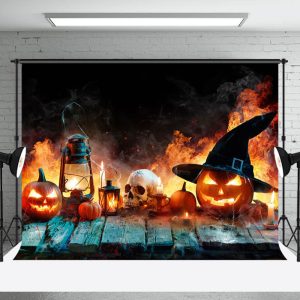 Aperturee Mystic Witch Fire Pumpkin Skull Halloween Backdrop - Aperturee