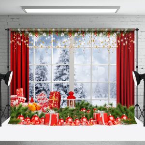 Aperturee Natural Snowy Forest Christmas Window Scene Backdrop - Aperturee