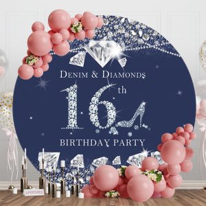 Aperturee Navy Blue Denim Diamond Round 16th Birthday Backdrop - Aperturee