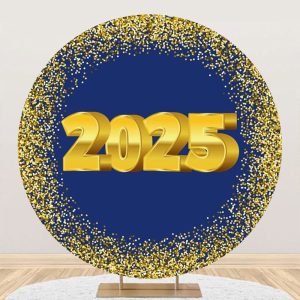 Aperturee Navy Blue Gold Glitter 2025 Round Graduation Backdrop - Aperturee