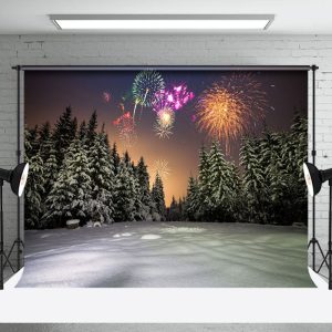 Aperturee Night Pine Forest Sparks Winter New Year Backdrop - Aperturee