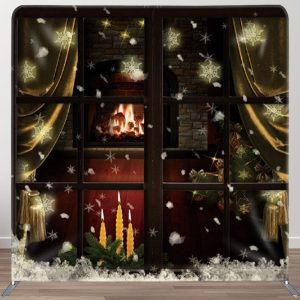 Aperturee Night Window Snowy Gold Curtain Winter Backdrop Cover - Aperturee