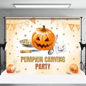 Aperturee Orange Gold Stars Flag Pumpkin Caving Party Backdrop - Aperturee