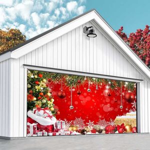 Aperturee Pine Tree Leaves Stacks Red Xmas Garage Door Banner