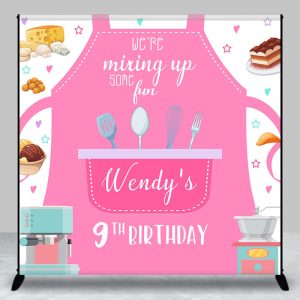 Aperturee Pink Apron Baking Custom Name 9th Birthday Backdrop - Aperturee