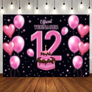 Aperturee Pink Balloon Cake Official Teenager 12th Backdrop - Aperturee