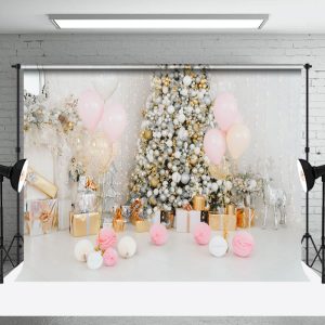 Aperturee Pink Balloon Gold White Bauble Tree Xmas Backdrop