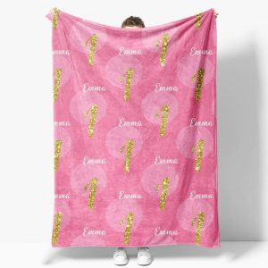 Aperturee Pink Dot Repeated Gold Glitter 1 Custom Name Blanket - Aperturee