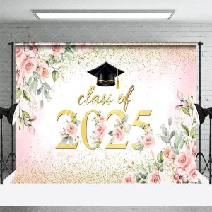 Aperturee Pink Floral Leaf Gold Glitter Class of 2025 Backdrop, 3X2FT(1MX0.6M), 14 USD, graduation backdrops, LHF463A-M