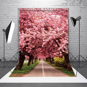 Aperturee Pink Sakura Lined Road Sweet Spring Scenery Backdrop | Spring Photo Back Drop | Spring Backdrops For Photography | Spring Themed Backdrop