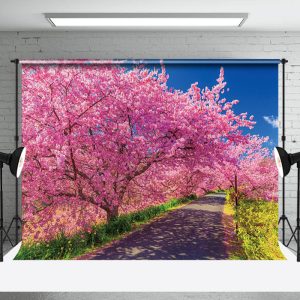 Aperturee Pink Sakura Tree Lined Path Spring Park Backdrop | Spring Backdrop Photography | Diy Spring Photo Backdrop | Spring Backdrop For Pictures