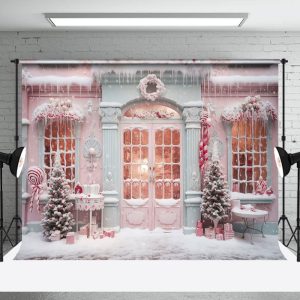 Aperturee Pink Snowy House Girl Winter Photography Backdrop