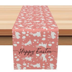 Aperturee Pink White Dense Bunny Happy Easter Table Runner | Personalized Table Runners | Custom Printed Table Runner | Table Banner Printing