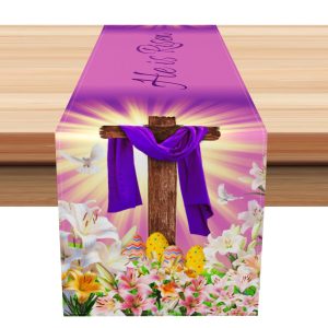 Aperturee Purple Gold Sunlight Cross He Is Risen Table Runner | Patterned Table Runner | Custom Table Cloth Runner | Custom Printed Table Runner