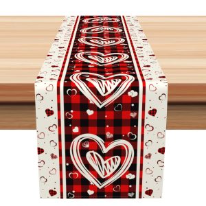Aperturee Red Black Plaid Romantic Valentines Day Table Runner | Table Banner Printing | Custom Table Runner | Table Runner For Dining Table