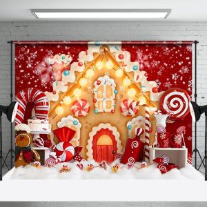 Aperturee Red Gingerbread House Snowflake Christmas Backdrop - Aperturee