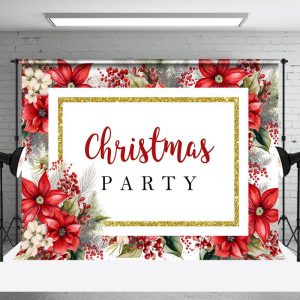 Aperturee Red Poinsettia Plant Leaf Christmas Party Backdrop - Aperturee