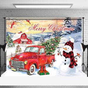 Aperturee Red Truck Christmas Tree Snowman Sunset Backdrop - Aperturee