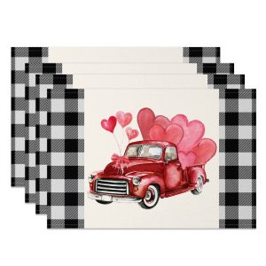 Aperturee Red Truck Hearts Valentines Day Set Of 4 Placemats, 14x12 Inch, 15.8 USD, NYJY00372-S, placemats