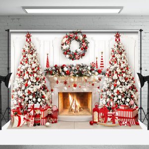 Aperturee Red White Wreath Tree Fireplace Christmas Backdrop