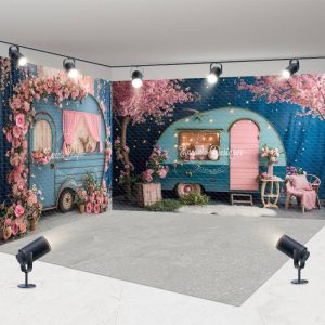 Aperturee Retro Blue Rv Pink Floral Wedding Room Set Backdrop | Wedding Stage Backdrop | Wedding Photo Booth Backdrop | Stage Rustic Wedding Backdrop