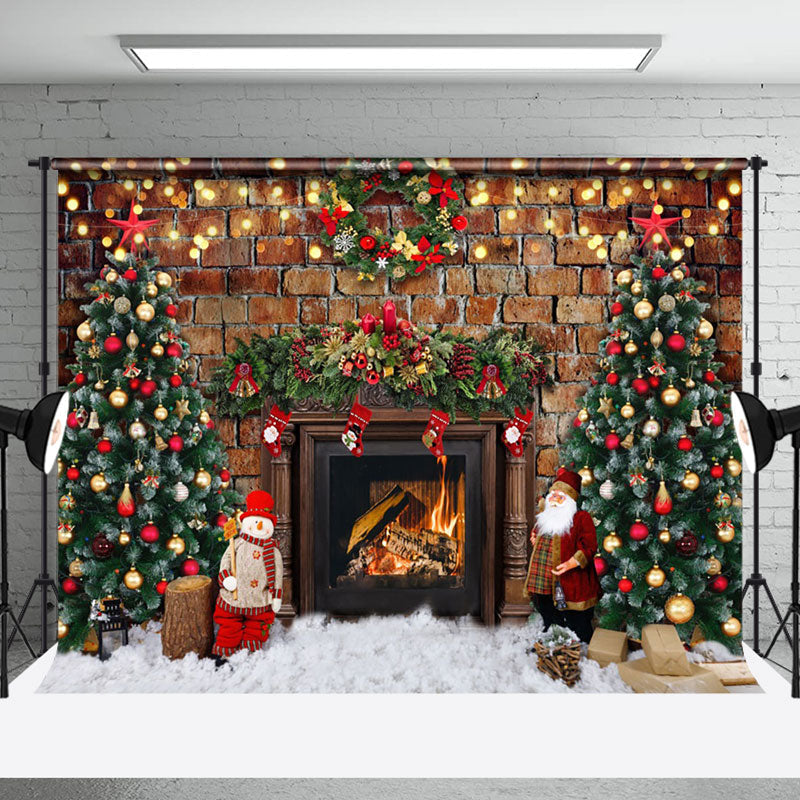 Aperturee Retro Bricks Wall Fireplace Trees Christmas Backdrop - Aperturee