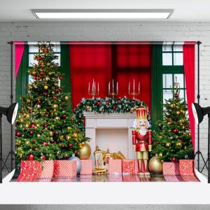 Aperturee Retro Red Green Window Xmas Tree Christmas Backdrop - Aperturee
