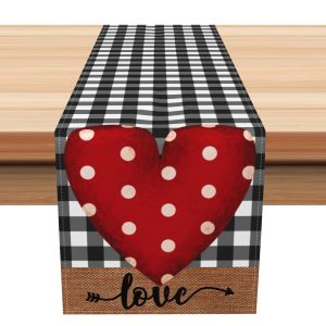 Aperturee Retro Red Heart Plaid Valentines Day Table Runner | Table Runner For Dining Table | Custom Table Cloth Runner | Flower Table Runner