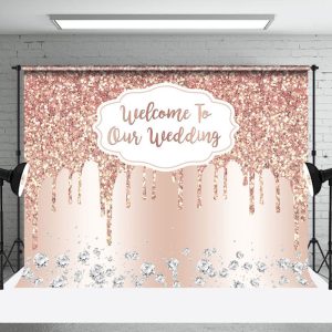 Aperturee Rose Gold Glitter Welcome To Our Wedding Backdrop