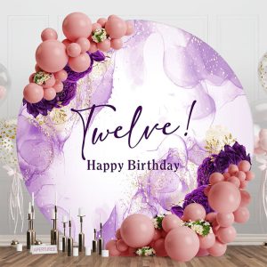 Aperturee Round Purple Floral Marbled 12th Birthday Backdrop - Aperturee