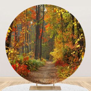 Aperturee Round Red Yellow Withered Forest Path Autumn Backdrop - Aperturee