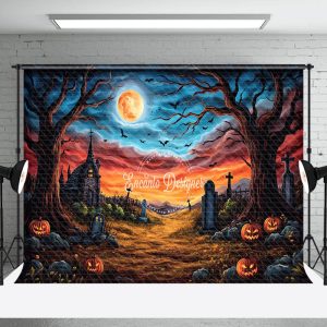 Aperturee Scary Red Blue Sky Moon Cemetery Halloween Backdrop - Aperturee