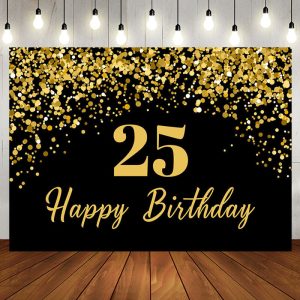 Aperturee Simple Black Gold Dots Happy 25th Birthday Backdrop - Aperturee