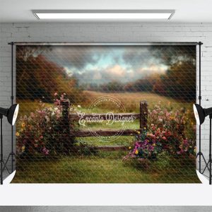 Aperturee Sky Natural Green Field Fence Spring Photo Backdrop, 3X2FT(1MX0.6M), 14 USD, spring backdrops, ENHD2J07-M