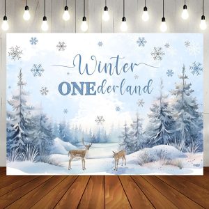 Aperturee Snow Forest Deer Winter Onederland Birthday Backdrop - Aperturee