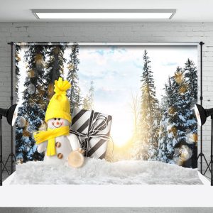 Aperturee Snowman Doll Snowy Forest Sunshine Winter Backdrop
