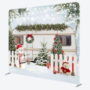 Aperturee Snowy Fence Bus Christmas Tension Fabric Backdrop - Aperturee