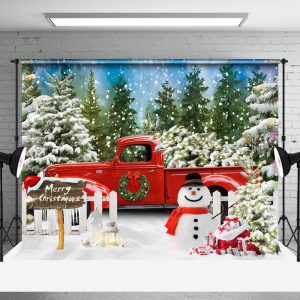 Aperturee Snowy Green Pine Forest Truck Snowman Xmas Backdrop - Aperturee
