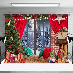 Aperturee Snowy Night Scene Festive Red Christmas Backdrop