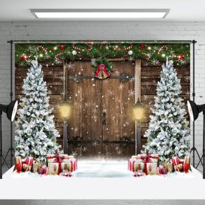 Aperturee Snowy Pine Tree Leaves Bell Wood Door Xmas Backdrop - Aperturee