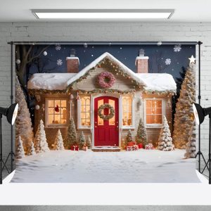 Aperturee Snowy Red Door Sweet House Tree Christmas Backdrop