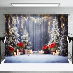 Aperturee Snowy Scene Candle Light Winter Wonderland Backdrop