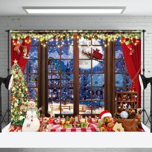 Aperturee Snowy Village Santa Window View Christmas Backdrop - Aperturee